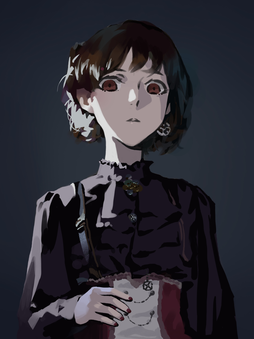 1girl, absurdres, black_background, brown_eyes, brown_hair, corset, earrings, female_focus