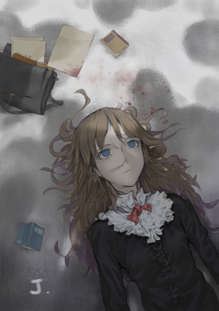 1girl, abuse, bag, bags_under_eyes, black_shirt, blood, blood_stain, blue_eyes, brown_hair, female_focus, highres, long_hair, long_sleeves, original, shadow, shirt, solo, violence, yurayura