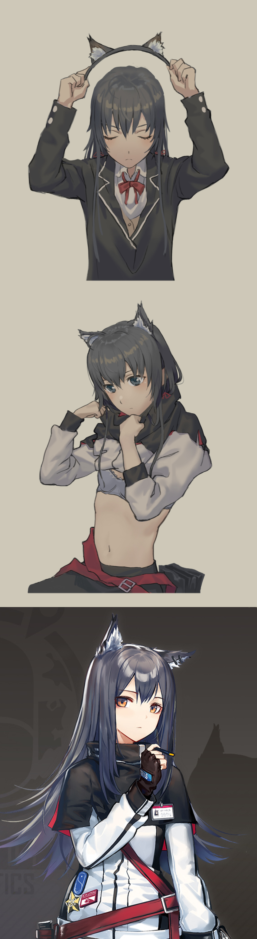 1girl, absurdres, animal_ears, arknights, black_eyes, black_hair, cat_ears, cosplay