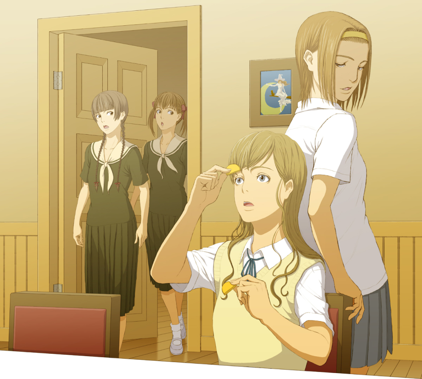 4girls, bad_id, bad_pixiv_id, cosplay, dress_shirt, food, fukuzawa_yumi, joe_(milkcrown)