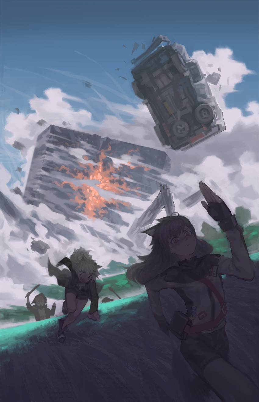 3girls, absurdres, animal_ears, arknights, car, explosion, fleeing, highres