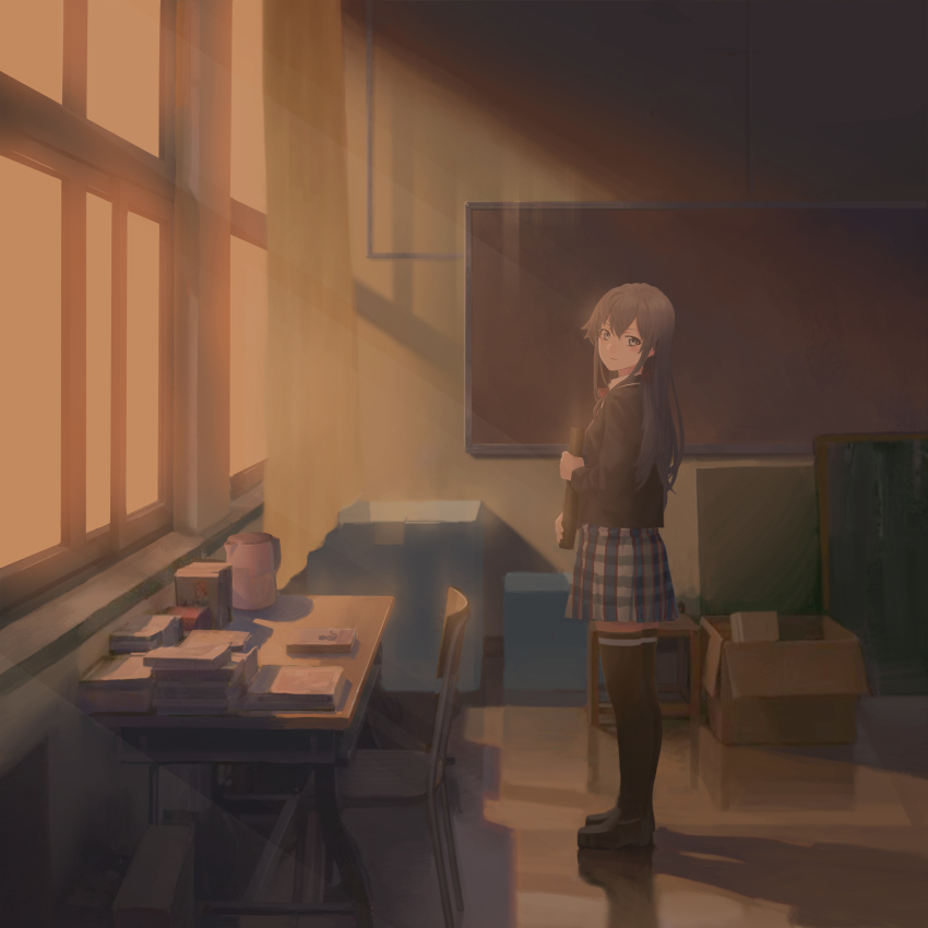 1girl, absurdres, black_hair, black_shoes, black_thighhighs, blazer, classroom, diploma