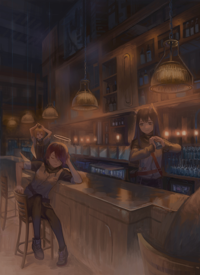 3girls, absurdres, animal_ears, arknights, bar_(place), black_hair, blonde_hair, cat_ears