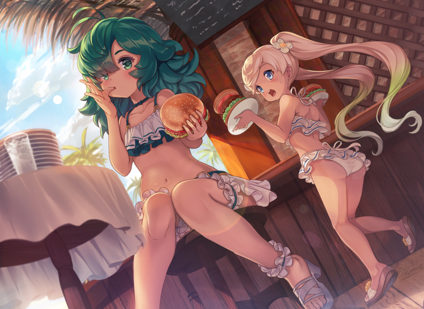 2girls, ass, bare_shoulders, bikini, bikini_skirt, blonde_hair, blue_eyes, blue_sky, blush, burger, chair, choker, cloud, collarbone, commentary_request, cup, dark-skinned_female, dark_skin, day, flower, food, frilled_bikini, frilled_thigh_strap, frills, full_body, gradient_hair, granblue_fantasy, green_eyes, green_hair, hair_flower, hair_ornament, hair_over_one_eye, halterneck, high_heel_sandals, high_heels, holding, holding_food, io_(granblue_fantasy), io_(summer)_(granblue_fantasy), knees_together_feet_apart, kolulu_(granblue_fantasy), kolulu_(summer)_(granblue_fantasy), long_hair, looking_at_viewer, multicolored_hair, multiple_girls, navel, open_mouth, palm_tree, plate, pondel, sandals, sitting, sky, swimsuit, table, thigh_strap, tree, twintails, very_long_hair, white_bikini