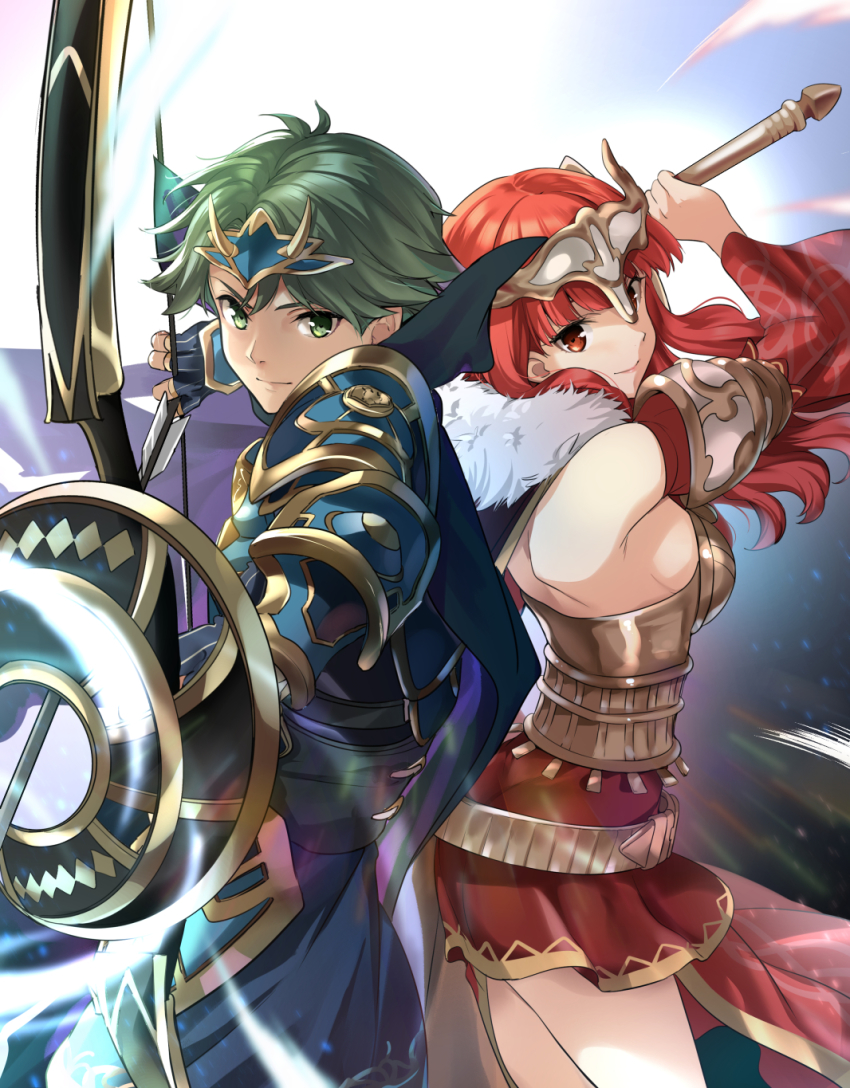 1boy, 1girl, alm_(fire_emblem), alm_(saint-king)_(fire_emblem), armor, arrow_(projectile), bow_(weapon), breasts