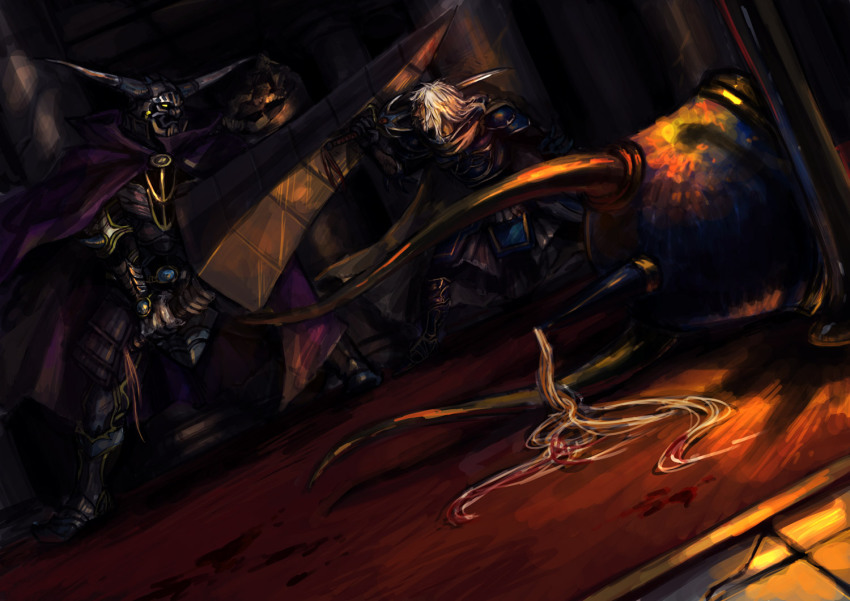 2boys, armor, bad_id, bad_pixiv_id, battle, blood, cape, dissidia_final_fantasy