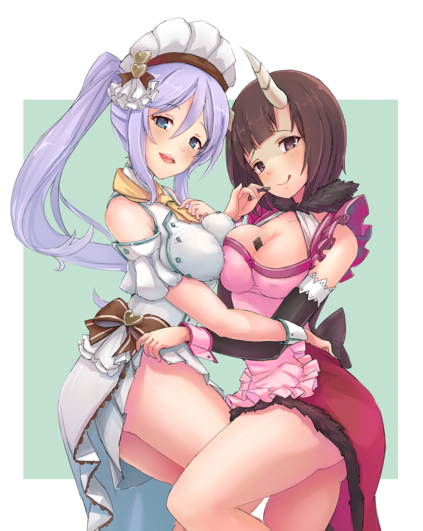 2girls, :d, absurdres, apron, ass, asymmetrical_docking, bad_id, bad_pixiv_id