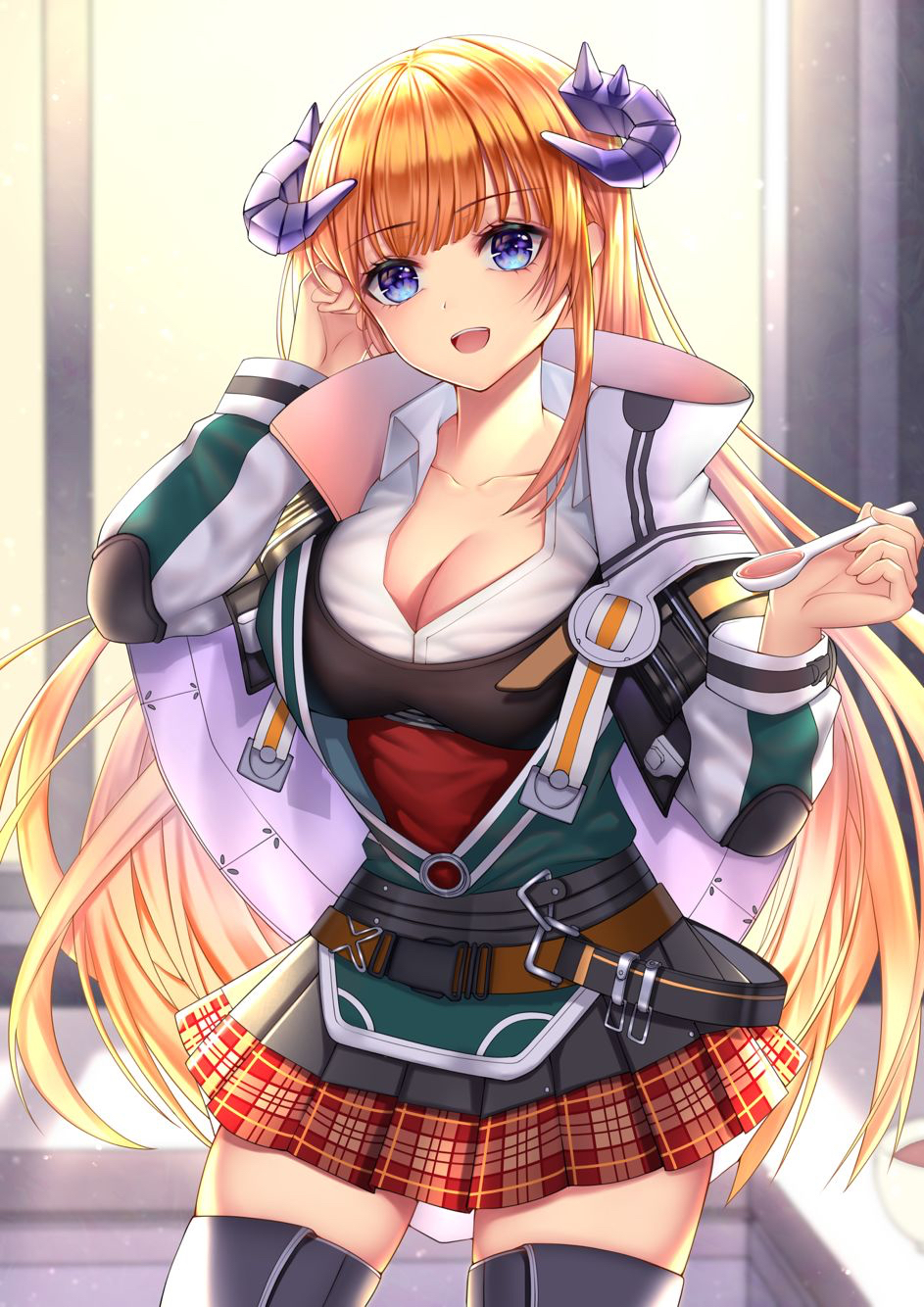1girl, :d, arknights, bagpipe_(arknights), blue_eyes, breasts, cleavage, cloud_(cloud-v-)