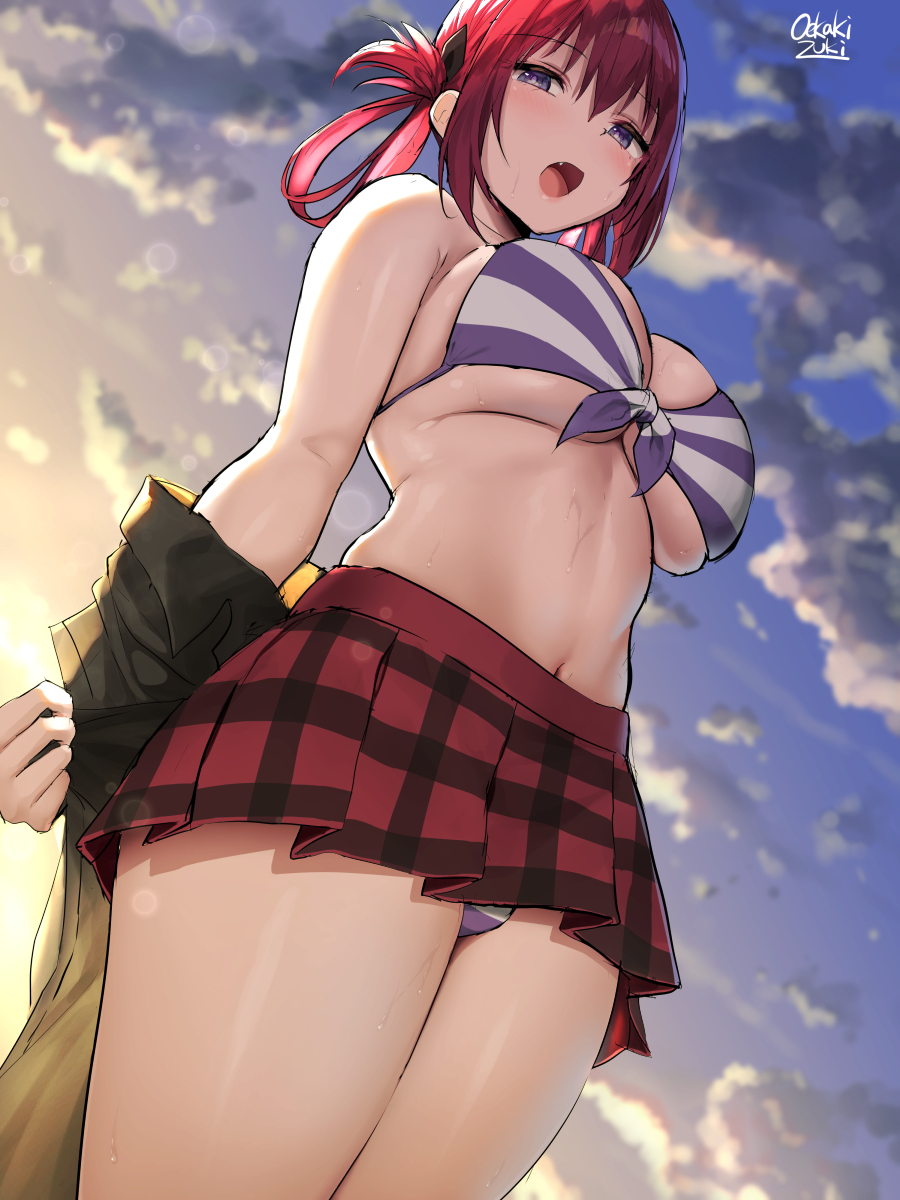 1girl, artist_name, bare_shoulders, bikini, bikini_top_only, breasts, checkered_clothes, checkered_skirt, cleavage, cloud, cloudy_sky, commentary_request, fang, folded_hair, from_below, front-tie_top, gabriel_dropout, hair_between_eyes, hair_rings, highres, large_breasts, looking_at_viewer, miniskirt, navel, oekakizuki, off_shoulder, open_mouth, panties, plaid_clothes, plaid_skirt, purple_eyes, red_hair, red_skirt, satanichia_kurumizawa_mcdowell, shirt, sidelocks, skirt, sky, solo, stomach, striped_bikini, striped_clothes, striped_panties, sweat, swimsuit, thighs, underboob, underwear, unworn_shirt