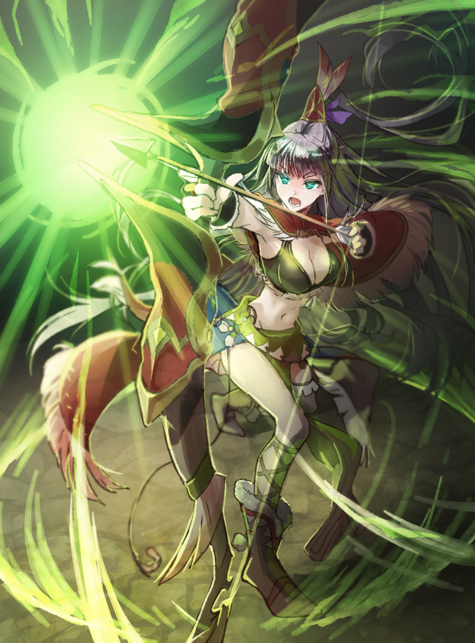 1girl, aiming, armpits, arrow_(projectile), artist_request, asymmetrical_legwear, black_hair, boots