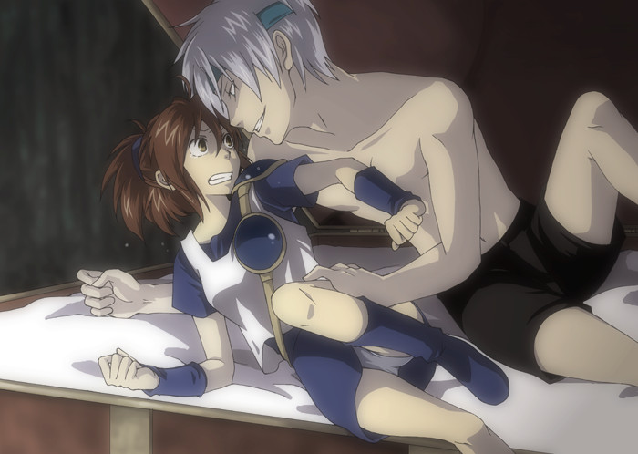 1boy, 1girl, arle_nadja, blue_skirt, boots, brown_eyes, brown_hair, evil_grin, evil_smile, eye_contact, grin, half_updo, headband, koge, long_hair, looking_at_another, madou_monogatari, md5_mismatch, moonlight_0423, panties, pantyshot, puyopuyo, resolution_mismatch, scared, schezo_wegey, shorts, silver_hair, skirt, smile, source_smaller, tank_top, tears, underwear, wristband, you_gonna_get_raped