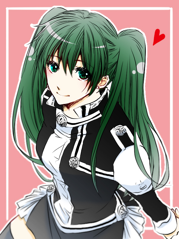 1girl, asukawvm, black_order_uniform, black_thighhighs, closed_mouth, d.gray-man, earrings, green_eyes, green_hair, hair_between_eyes, heart, jacket, jewelry, lenalee_lee, long_hair, long_sleeves, looking_at_viewer, miniskirt, pink_background, pleated_skirt, sketch, skirt, smile, solo, thighhighs, twintails, very_long_hair, white_skirt, zettai_ryouiki