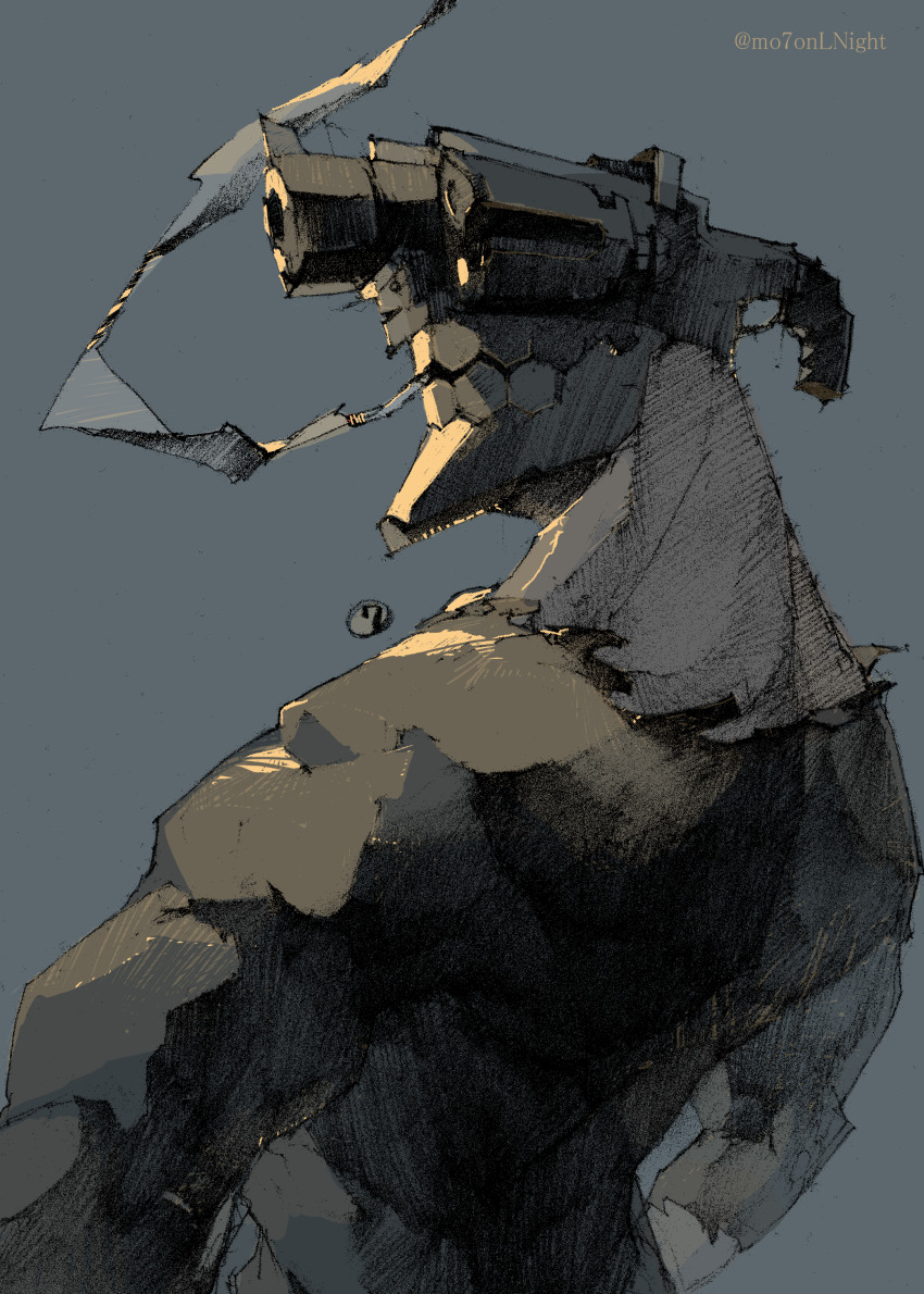 1boy, ?, absurdres, black_shirt, blue_background, cigarette, cyborg, highres