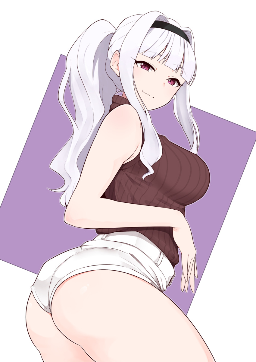 1girl, ass, bare_shoulders, blunt_bangs, breasts, hair_intakes, hairband, highres, idolmaster, idolmaster_(classic), large_breasts, long_hair, looking_at_viewer, minakamirin, ponytail, purple_background, purple_eyes, ribbed_sweater, shijou_takane, short_shorts, shorts, sidelocks, silver_hair, sleeveless, sleeveless_sweater, smile, solo, sweater, turtleneck, turtleneck_sweater, white_background, white_shorts