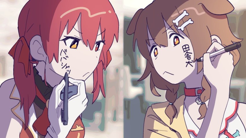 2girls, adan_imas, animal_ears, annoyed, bad_id, bad_twitter_id, body_switch, braid