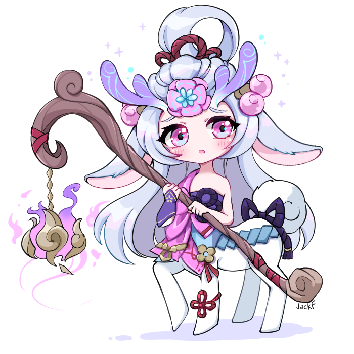 1girl, breasts, centaur, chibi, forest, league_of_legends, lillia_(league_of_legends), lips