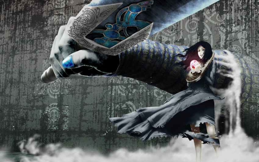 1girl, black_eyes, black_hair, blue_nails, crystal_ball, dress, fantasy, female_focus