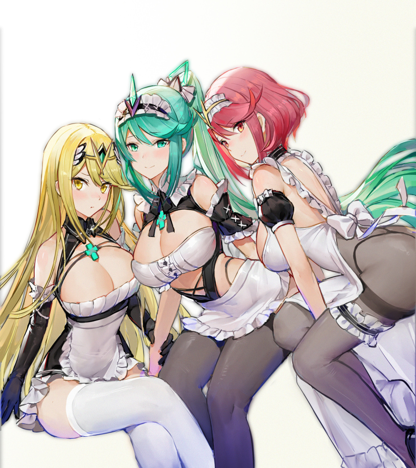 10s, 3girls, absurdres, alternate_costume, blonde_hair, blush, breasts, cleavage, closed_mouth, crossed_legs, enmaided, gem, green_eyes, green_hair, hair_ornament, headpiece, highres, jewelry, large_breasts, long_hair, looking_at_viewer, maid, maid_headdress, matching_hair/eyes, mo_xiaoxue, multiple_girls, multiple_persona, mythra_(xenoblade), nervous, nintendo, pantyhose, pneuma_(xenoblade), ponytail, pyra_(xenoblade), red_eyes, red_hair, short_hair, shy, smile, spoilers, swept_bangs, thick_thighs, thighhighs, thighs, tiara, very_long_hair, xenoblade_chronicles_(series), xenoblade_chronicles_2, yellow_eyes