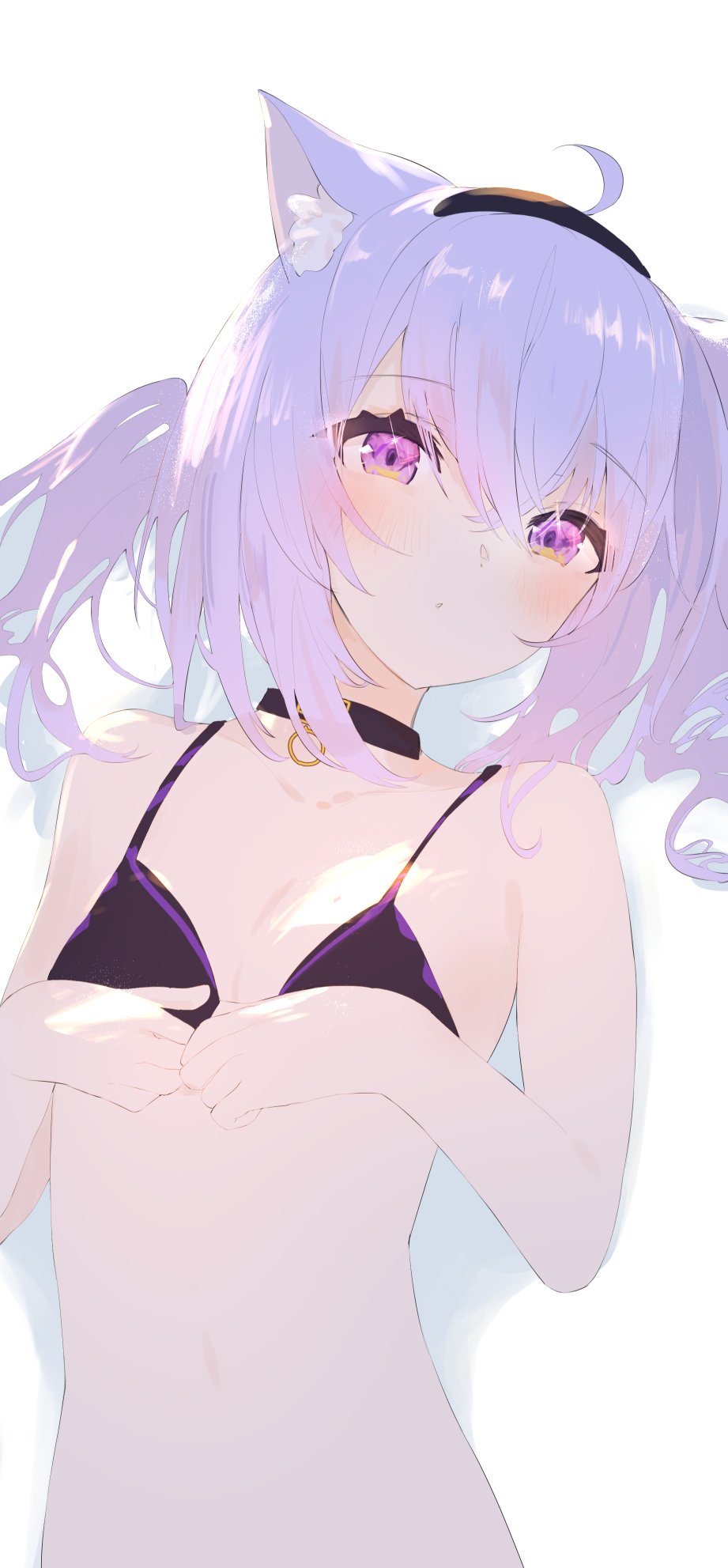 1girl, ahoge, alternate_hairstyle, animal_ear_fluff, animal_ears, bare_shoulders, bra, breasts, cat_ears, cat_girl, collar, collarbone, commentary, hair_between_eyes, head_tilt, highres, hinata_(hinata-ur), hololive, light_purple_hair, looking_at_viewer, lying, navel, nekomata_okayu, on_back, purple_eyes, short_hair, short_twintails, simple_background, small_breasts, solo, stomach, twintails, underwear, underwear_only, virtual_youtuber, white_background