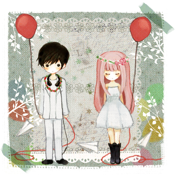 1boy, 1girl, amane_(kotoune), bad_id, bad_pixiv_id, balloon, black_hair, boots, closed_eyes, dress, flower, just_be_friends_(vocaloid), kotoune, long_hair, megurine_luka, paper_airplane, pink_hair, short_hair, skirt, string, string_of_fate, vocaloid, white_dress, white_skirt