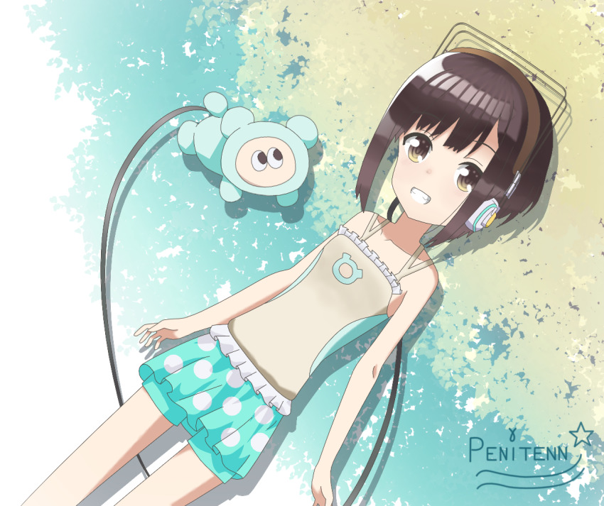 1girl, artist_name, bare_arms, bare_legs, bare_shoulders, beige_shirt, blue_skirt, blush