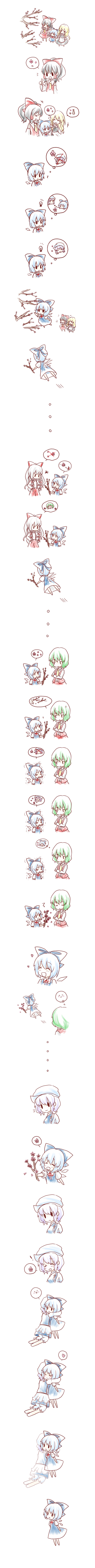 !, 6+girls, ^_^, absurdres, ascot, bad_end, bad_id, bad_pixiv_id, bow, changing_seasons_(touhou), cherry_blossoms, chibi, cirno, closed_eyes, comic, dress, fading, fairy_wings, flower, fujiwara_no_mokou, hair_bow, hakurei_reimu, heart, highres, hug, kazami_yuuka, kirisame_marisa, kuro_(pixiv60110), kuromame_(8gou), letty_whiterock, light_bulb, long_image, multiple_girls, sad, silent_comic, skirt, skirt_set, solid_circle_eyes, spoken_heart, tall_image, touhou, transparent, trembling, vest, white_background, wings