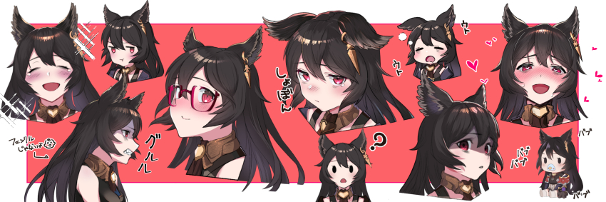 =_=, ?, black_hair, black_shirt, blouse, blush, border, chibi, choker, clone, disgust, drooling, earrings, ears_down, erune, from_side, glasses, granblue_fantasy, hair_between_eyes, happy, heart, heart-shaped_pupils, highres, jewelry, konkitune803, long_hair, looking_at_viewer, mouth_drool, nier_(granblue_fantasy), no_pupils, open_mouth, pacifier, pout, red_background, red_eyes, sad, shaded_face, shirt, sidelocks, smile, sparkle, sweat, symbol-shaped_pupils, tearing_up, teeth, tongue, tongue_out, white_border