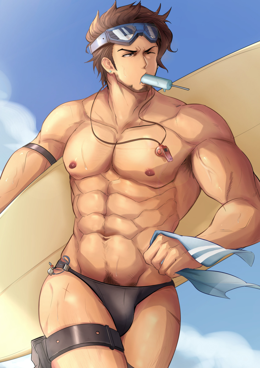 1boy, abs, absurdres, aussummer, bara, beard, black_male_swimwear, black_swim_briefs, body_hair, brown_eyes, brown_hair, cowboy_shot, day, diving_mask, diving_mask_on_head, facial_hair, food, goggles, goggles_on_head, granblue_fantasy, highres, large_pectorals, male_focus, male_swimwear, manly, muscular, nipples, outdoors, pectorals, popsicle, pubic_hair, rackam_(granblue_fantasy), solo, surfboard, swim_briefs, swimsuit, topless_male, upper_body, veins, whistle, whistle_around_neck