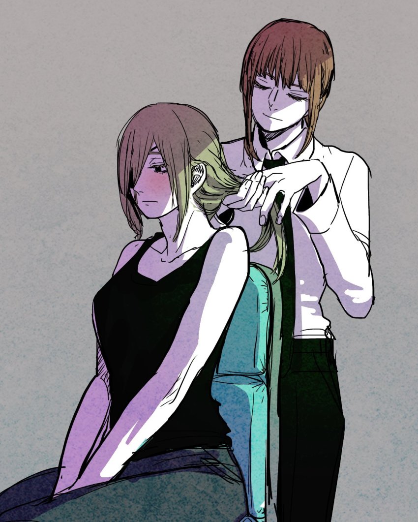 2girls, between_legs, bithmath, black_hair, black_necktie, black_pants, blonde_hair, blush