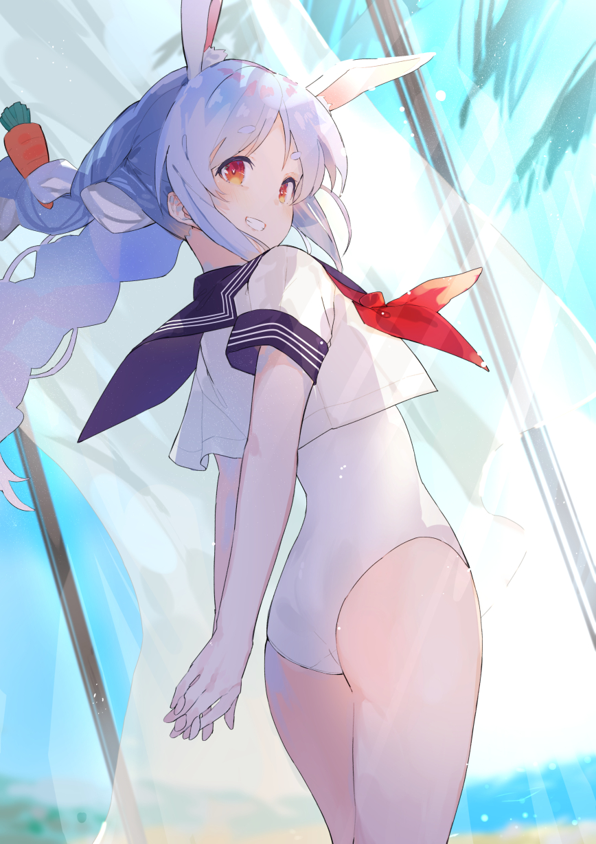 1girl, alternate_costume, animal_ear_fluff, animal_ears, arms_behind_back, ass, back, bare_legs