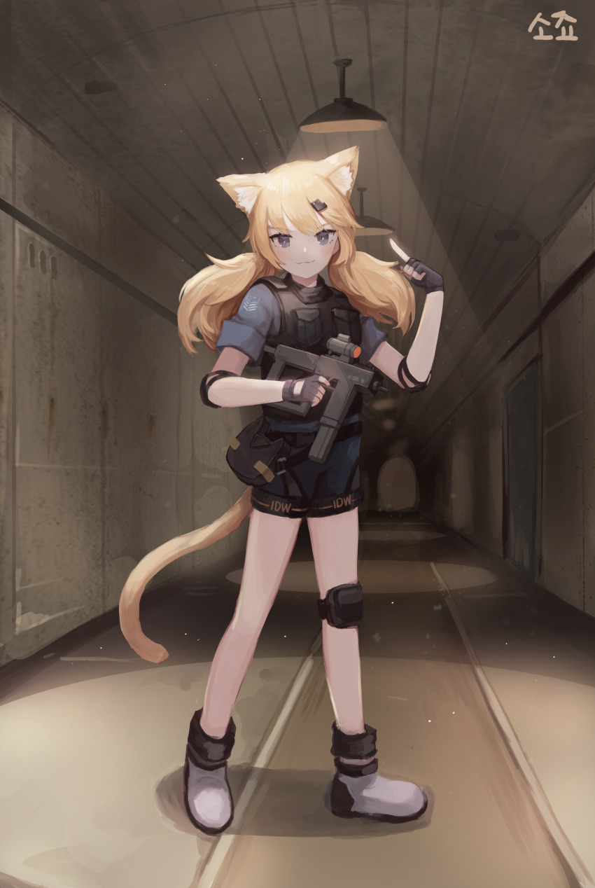 1girl, absurdres, animal_ears, baggy_pants, black_gloves, blonde_hair, blue_eyes, body_armor, bodysuit, bushman_ltd., cat_ears, cat_tail, commission, fingerless_gloves, girls'_frontline, gloves, gun, hair_ornament, hair_ribbon, hallway, handgun, highres, idw_(girls'_frontline), idw_(mod3)_(girls'_frontline), indoors, lamp, long_hair, looking_at_viewer, machine_gun, machine_pistol, mod3_(girls'_frontline), pants, parker-hale, parker-hale_idw, parker-hale_pdw, personal_defense_weapon, pistol, prototype_design, rheinlander_instruments_corp., ribbon, seorang, shoes, solo, tail, weapon, white_shoes