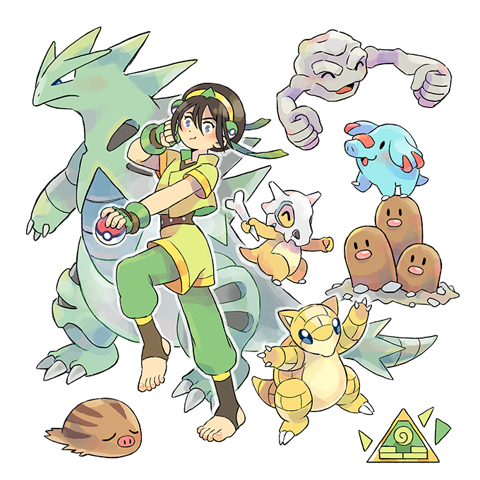 1girl, adapted_costume, avatar:_the_last_airbender, avatar_legends, black_hair, bone, crossover, cubone, dugtrio, fingerless_gloves, gen_1_pokemon, gen_2_pokemon, geodude, gloves, mojgon, nintendo, odd_one_out, phanpy, poke_ball, poke_ball_(basic), pokemon, pokemon_(creature), pokemon_team, sandshrew, simple_background, smile, swinub, tail, toeless_legwear, toph_beifong, tyranitar