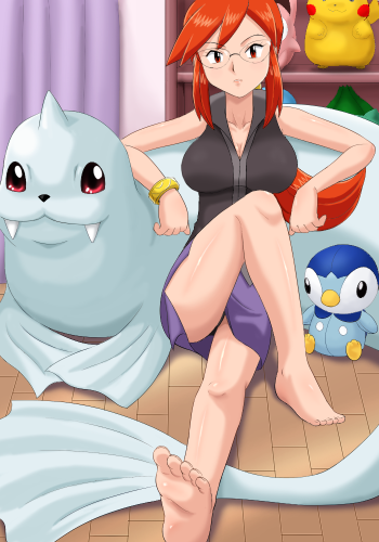 1girl, barefoot, breasts, dewgong, elite_four, feet, gen_1_pokemon, gen_4_pokemon