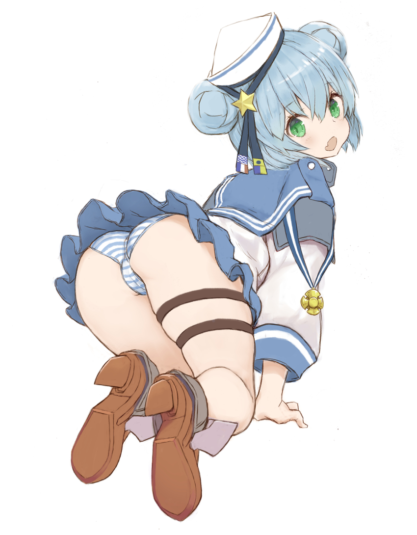 1girl, all_fours, aqua_skirt, ass, black_ribbon, blue_hair, blue_sailor_collar, dixie_cup_hat