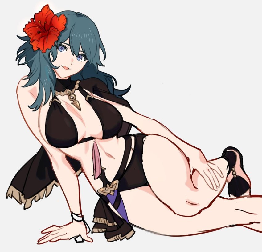 1girl, bikini, black_bikini, blue_eyes, blue_hair, female_byleth_(fire_emblem), female_byleth_(summer)_(fire_emblem), fire_emblem, fire_emblem:_three_houses, fire_emblem_heroes, flower, grey_background, hair_flower, hair_ornament, head_tilt, jionghai, nintendo, official_alternate_costume, open_mouth, simple_background, sitting, solo, swimsuit
