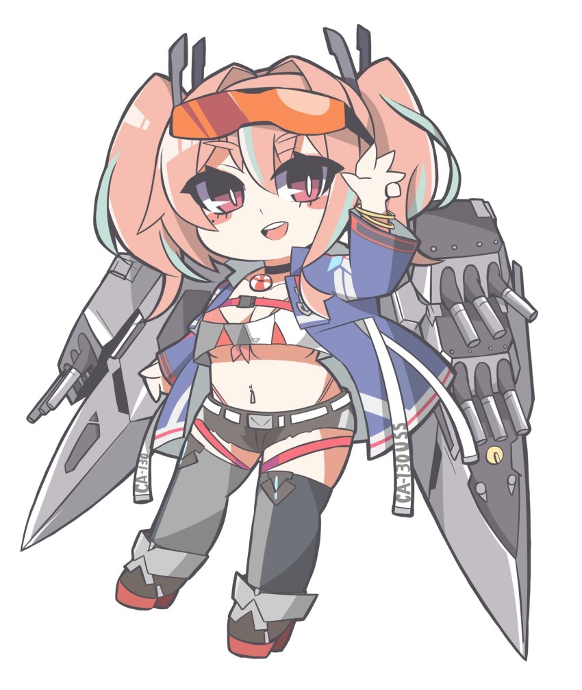 1girl, :d, azur_lane, belt, bikini, bikini_under_clothes, black_choker, black_shorts