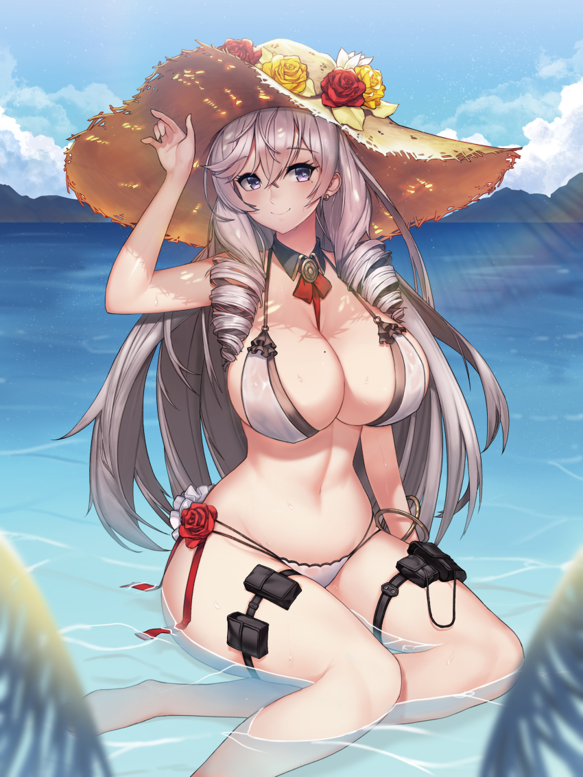 1girl, absurdres, algerie_(azur_lane), algerie_(white_sand_paradise)_(azur_lane), azur_lane, bikini, blue_sky, breasts