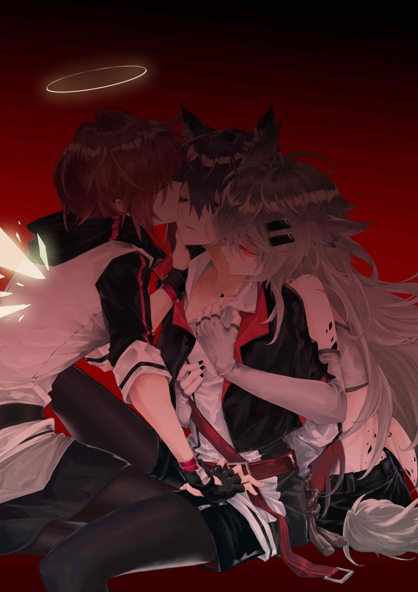 3girls, absurdres, animal_ear_fluff, animal_ears, arknights, black_capelet, black_coat, black_jacket, black_nails, black_shorts, capelet, coat, detached_wings, duang, energy_wings, exusiai_(arknights), fff_threesome, grey_eyes, group_sex, hair_ornament, hair_over_one_eye, hairclip, halo, highres, jacket, lappland_(arknights), material_growth, multiple_girls, nail_polish, one_eye_closed, oripathy_lesion_(arknights), red_eyes, red_hair, scar, scar_across_eye, scar_on_face, shorts, tail, texas_(arknights), threesome, white_jacket, wings, wolf_ears, wolf_tail, yuri