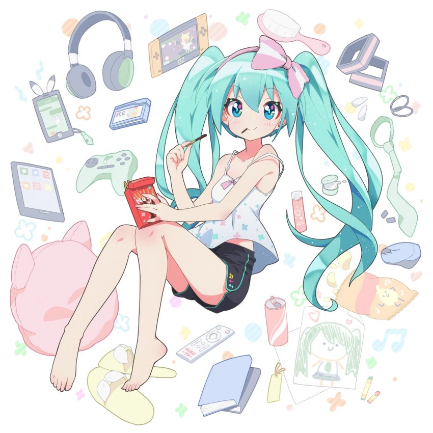 1girl, aqua_eyes, aqua_hair, barefoot, black_pants, book, bookmark, camisole