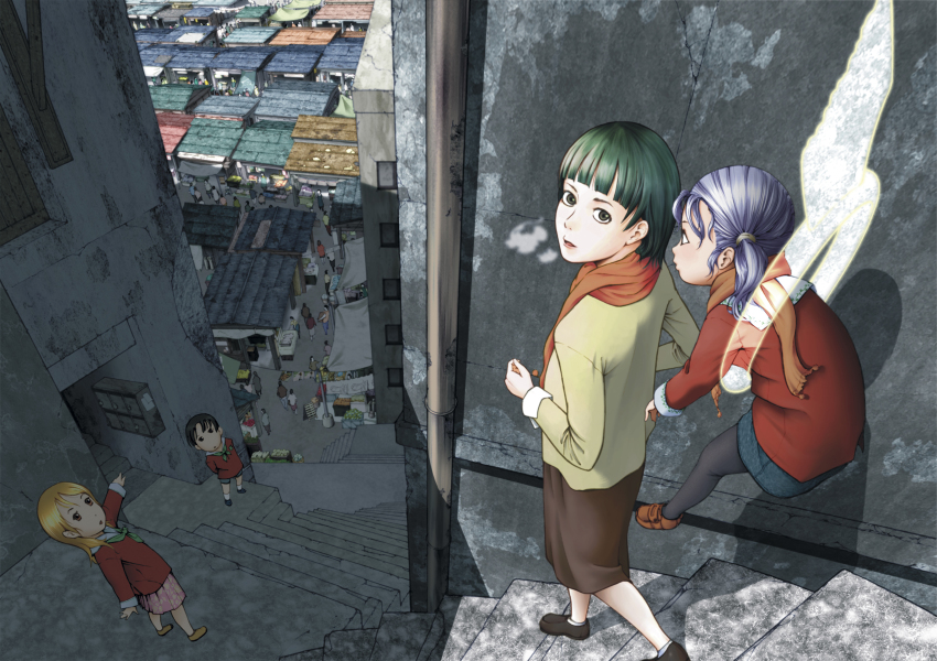 1boy, 3girls, absurdres, black_hair, blonde_hair, child, city, coat