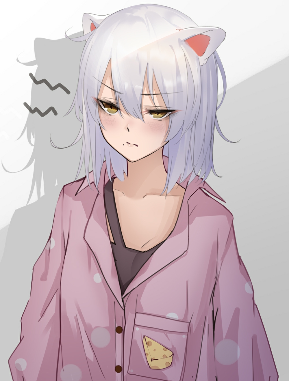 1girl, animal_ears, arknights, blush, cheese, collared_shirt, food, furrowed_brow