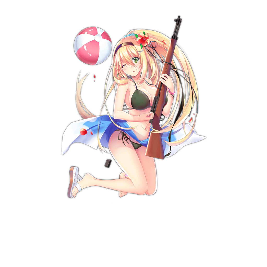 1girl, ball, bare_shoulders, beachball, bikini, black_bikini, blonde_hair, blush