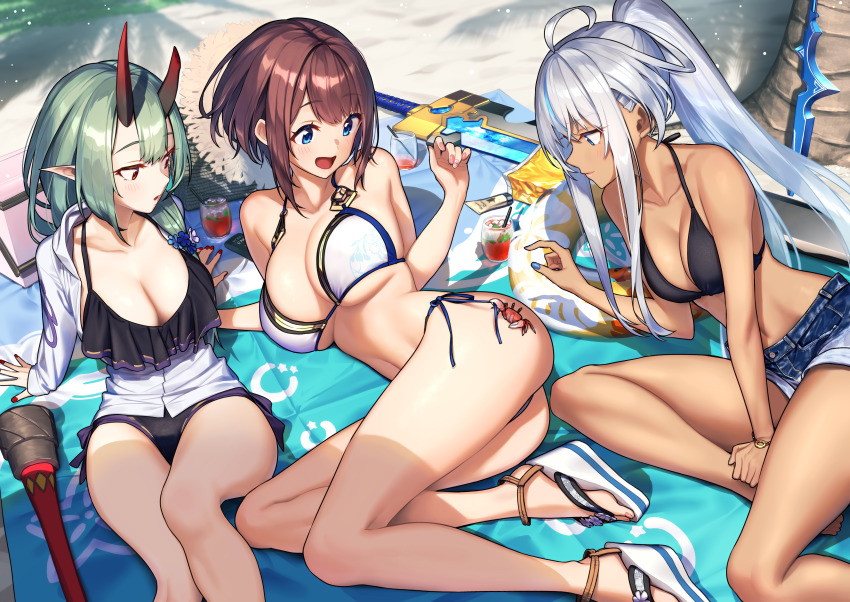 3girls, absurdres, ahoge, akari_(baffu), arm_support, ass, baffu, bare_shoulders, beach, bikini, black_bikini, blue_eyes, blush, bracelet, breasts, brown_hair, character_request, cleavage, closed_mouth, club_(weapon), crab, dark-skinned_female, dark_skin, day, denim, denim_shorts, flip-flops, green_hair, hair_ornament, hairclip, halterneck, highres, hitoyo_(baffu), horns, huge_weapon, jacket, jewelry, large_breasts, long_hair, lying, multiple_girls, nail_polish, navel, on_side, oni, oni_horns, open_clothes, open_jacket, open_mouth, original, outdoors, pointy_ears, ponytail, red_eyes, sand, sandals, short_hair, shorts, side-tie_bikini_bottom, silver_hair, sitting, smile, string_bikini, swimsuit, weapon, white_bikini, yuuna_(baffu)