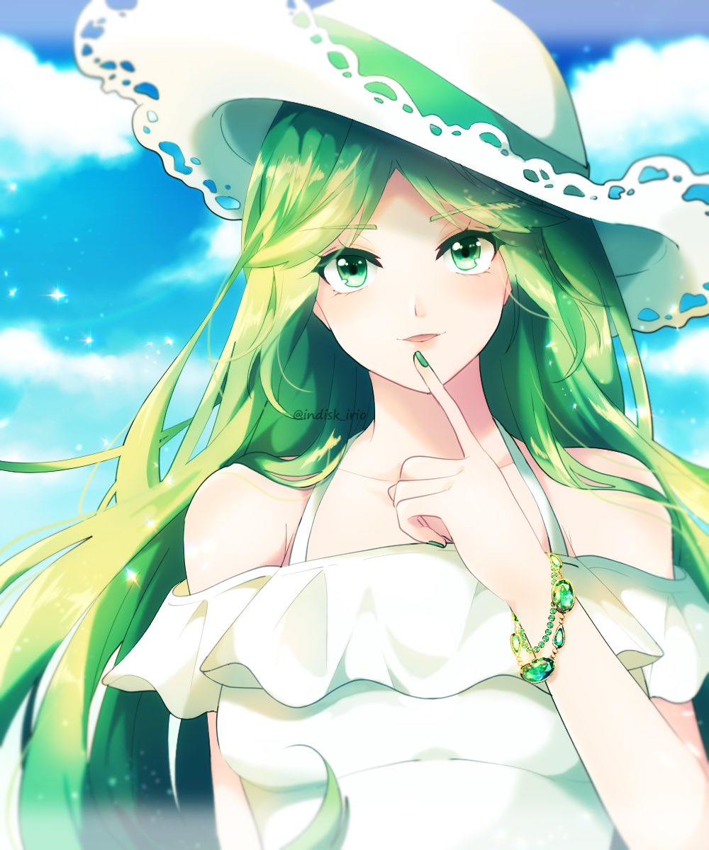 1girl, beach_hat, blue_sky, dress, green_eyes, green_hair, highres, jewelry