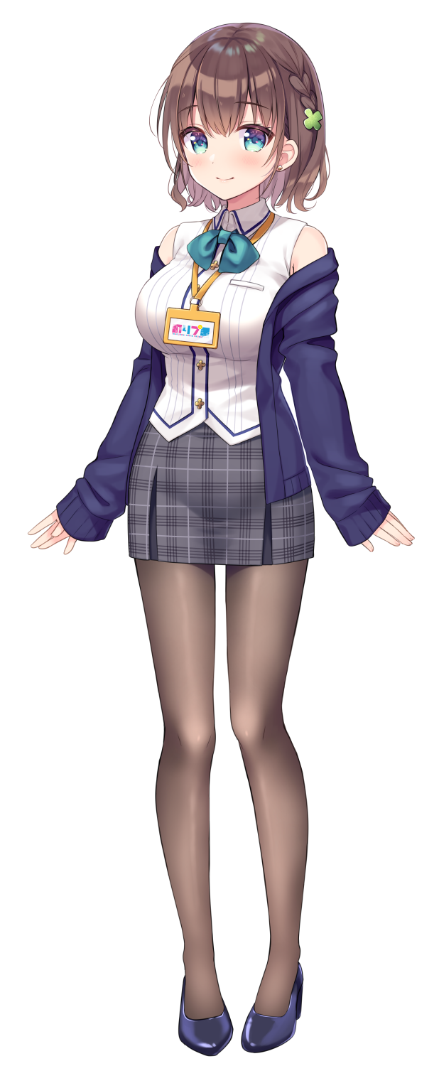 1girl, arms_at_sides, bare_shoulders, beppy, black_pantyhose, black_skirt, blue_eyes, blue_footwear, blue_jacket, blue_ribbon, blush, braid, breasts, brown_hair, character_request, closed_mouth, clover_hair_ornament, collared_shirt, commentary_request, earrings, full_body, hair_ornament, high_heels, highres, id_card, jacket, jewelry, large_breasts, long_sleeves, looking_at_viewer, miniskirt, neck_ribbon, noripro, off_shoulder, open_clothes, open_jacket, pantyhose, plaid_clothes, plaid_skirt, ribbon, shirt, short_hair, side_braid, simple_background, skirt, sleeves_past_wrists, smile, solo, standing, striped_clothes, striped_shirt, stud_earrings, sumisaki_yuzuna, tachi-e, tareme, vertical-striped_clothes, vertical-striped_shirt, virtual_youtuber, white_background