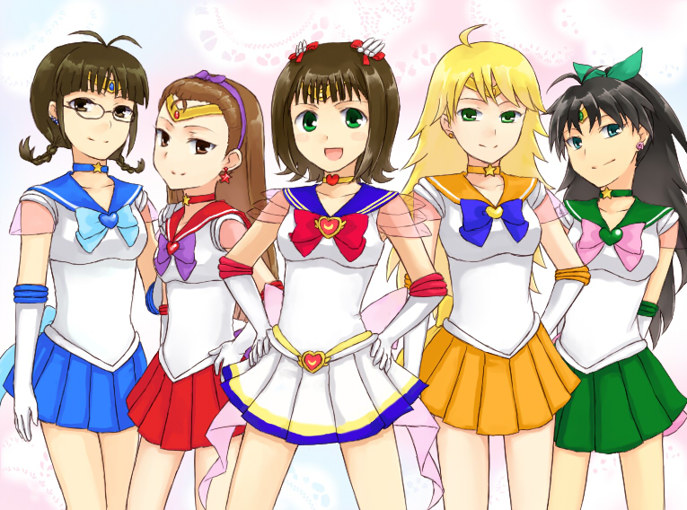 5girls, akizuki_ritsuko, amami_haruka, bishoujo_senshi_sailor_moon, bishoujo_senshi_sailor_moon_supers, blue_sailor_collar, blue_skirt, bow