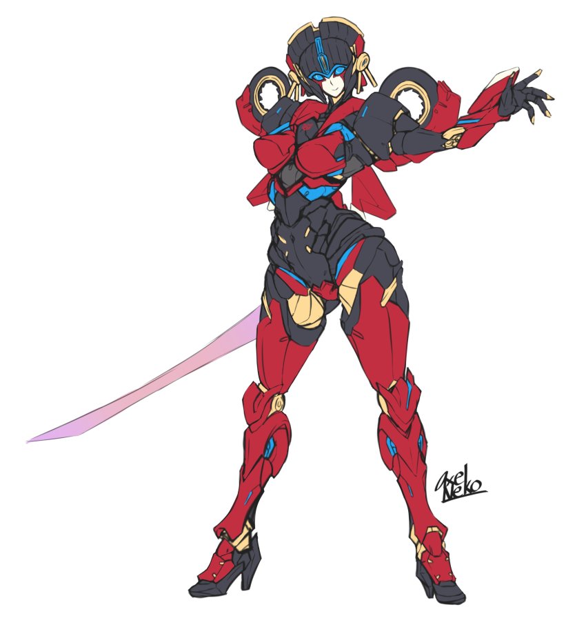 absurdres, arm_behind_back, artist_name, autobot, axelnekokitty, blue_eyes, energy_sword, flame_toys_windblade