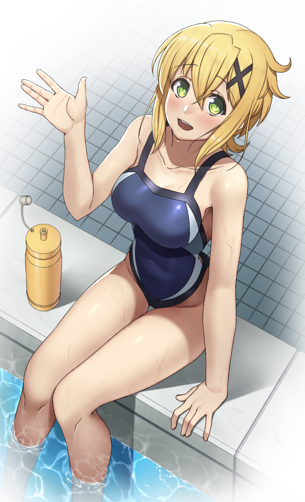 1girl, akatsuki_kirika, blonde_hair, blue_one-piece_swimsuit, blush, bottle, breasts, competition_school_swimsuit, competition_swimsuit, green_eyes, hair_between_eyes, hair_ornament, highleg, highleg_one-piece_swimsuit, legs_together, looking_at_viewer, looking_up, lydian_academy_swimsuit, medium_breasts, one-piece_swimsuit, pool, poolside, school_swimsuit, senki_zesshou_symphogear, shiny_clothes, shiny_skin, short_hair, sitting, smile, solo, swimsuit, tsukamoto_kensuke, water, water_bottle, waving, x_hair_ornament