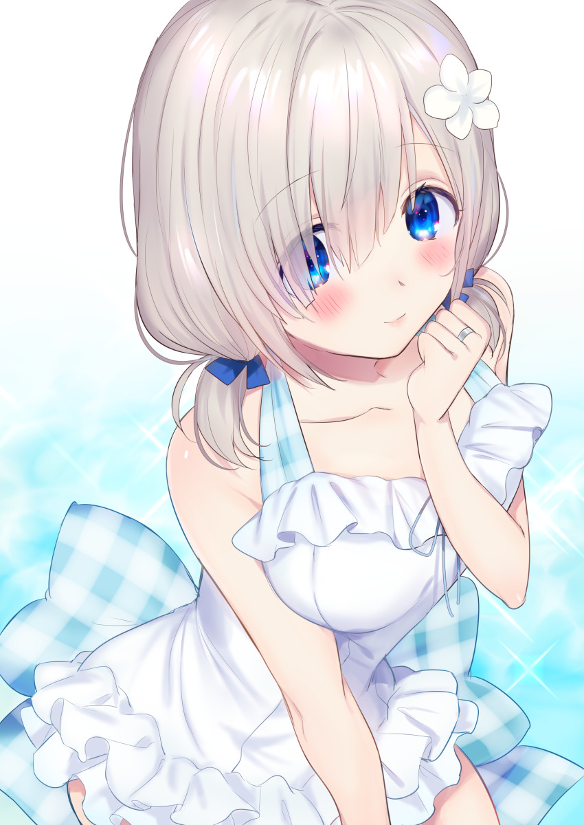 1girl, absurdres, bare_shoulders, blue_eyes, blush, closed_mouth, dress, flower, hair_flower, hair_ornament, hair_over_one_eye, hand_up, highres, isuzu_ren, isuzu_ren_(swimsuit_costume), jewelry, kakizato, looking_at_viewer, low_twintails, magia_record:_mahou_shoujo_madoka_magica_gaiden, mahou_shoujo_madoka_magica, one-piece_swimsuit, ring, short_hair, silver_hair, sleeveless, sleeveless_dress, smile, solo, swimsuit, twintails, white_dress, white_one-piece_swimsuit