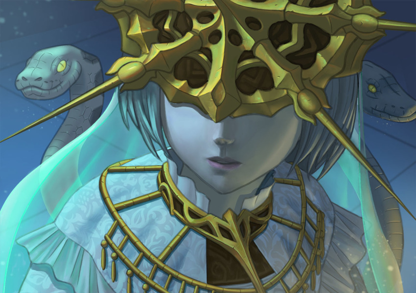 1boy, bishoujo_senshi_sailor_moon, bishoujo_senshi_sailor_moon_s, covered_eyes, dark_souls_(series), dark_souls_i, dark_sun_gwyndolin, derivative_work, glasswing, lips, male_focus, mask, meme, sailor_moon_redraw_challenge_(meme), screenshot_redraw, short_hair, snake, solo, sun_symbol, tile_floor, tiles, veil, white_hair